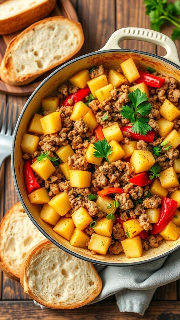 A one pot ground turkey potato skillet with potatoes, turkey, and bell peppers, garnished with parsley, on a wooden table.